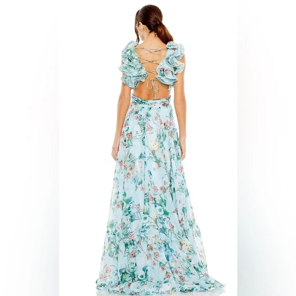 Ieena for Mac Duggal | Blue Chiffon V-Neck Sleeveless Cut-Out Lace Up Back Gown - Picture 2 of 4